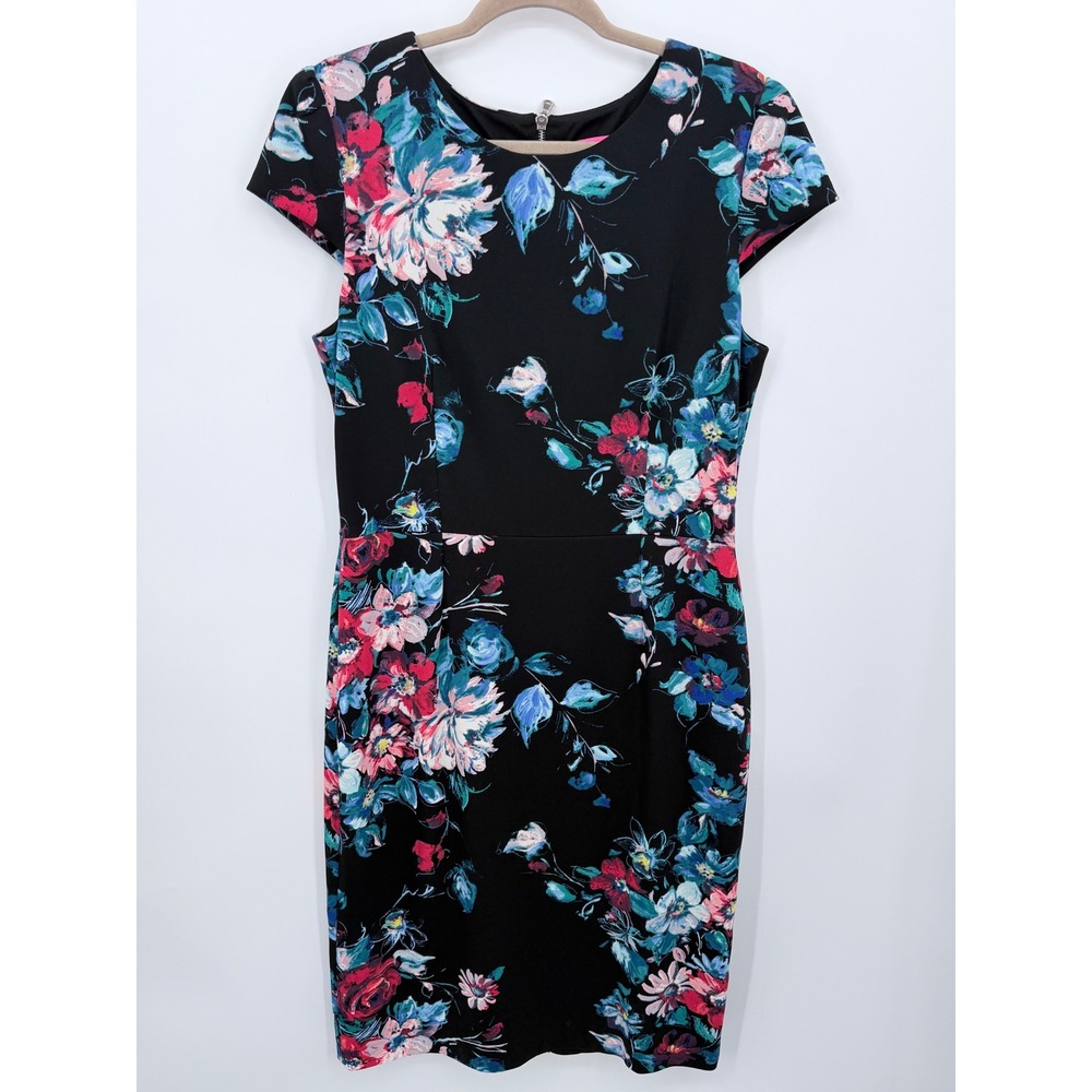 Betsey Johnson Sheath Dress Women Size 14 Black Floral‎ Cap Sleeve Knee Length
